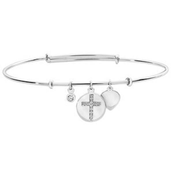 Sterling Silver Expandable Ladies Bangle With Heart and Cross Charm - NiaYou Jewellery