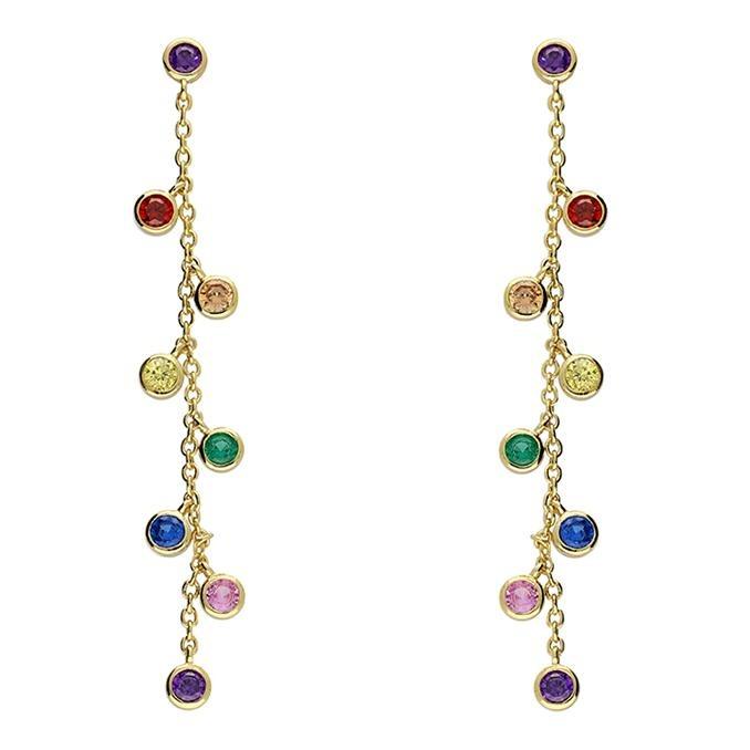 Sterling Silver Gold Plated Drop Earrings with Rainbow Rubover CZ - NiaYou Jewellery