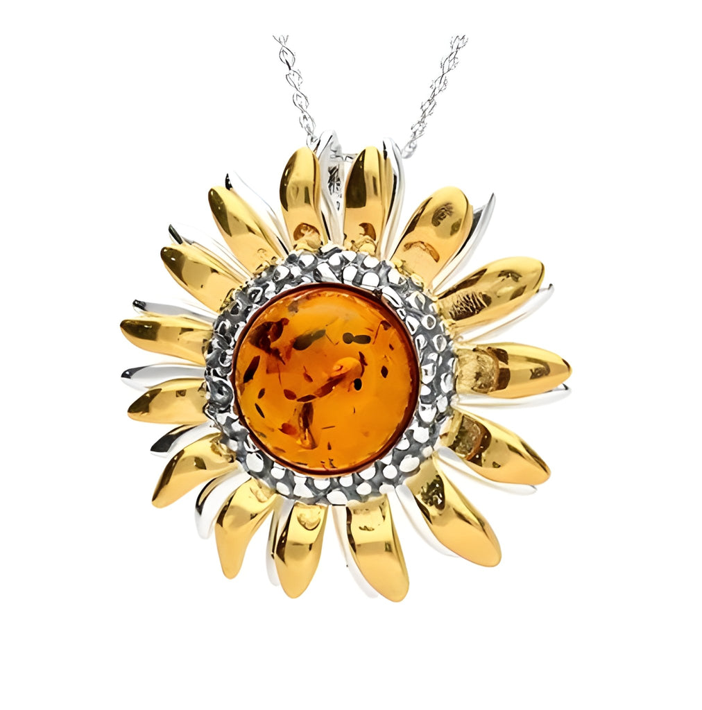 Sterling Silver Gold Plated Sunflower Amber Pendant Necklace - NiaYou Jewellery