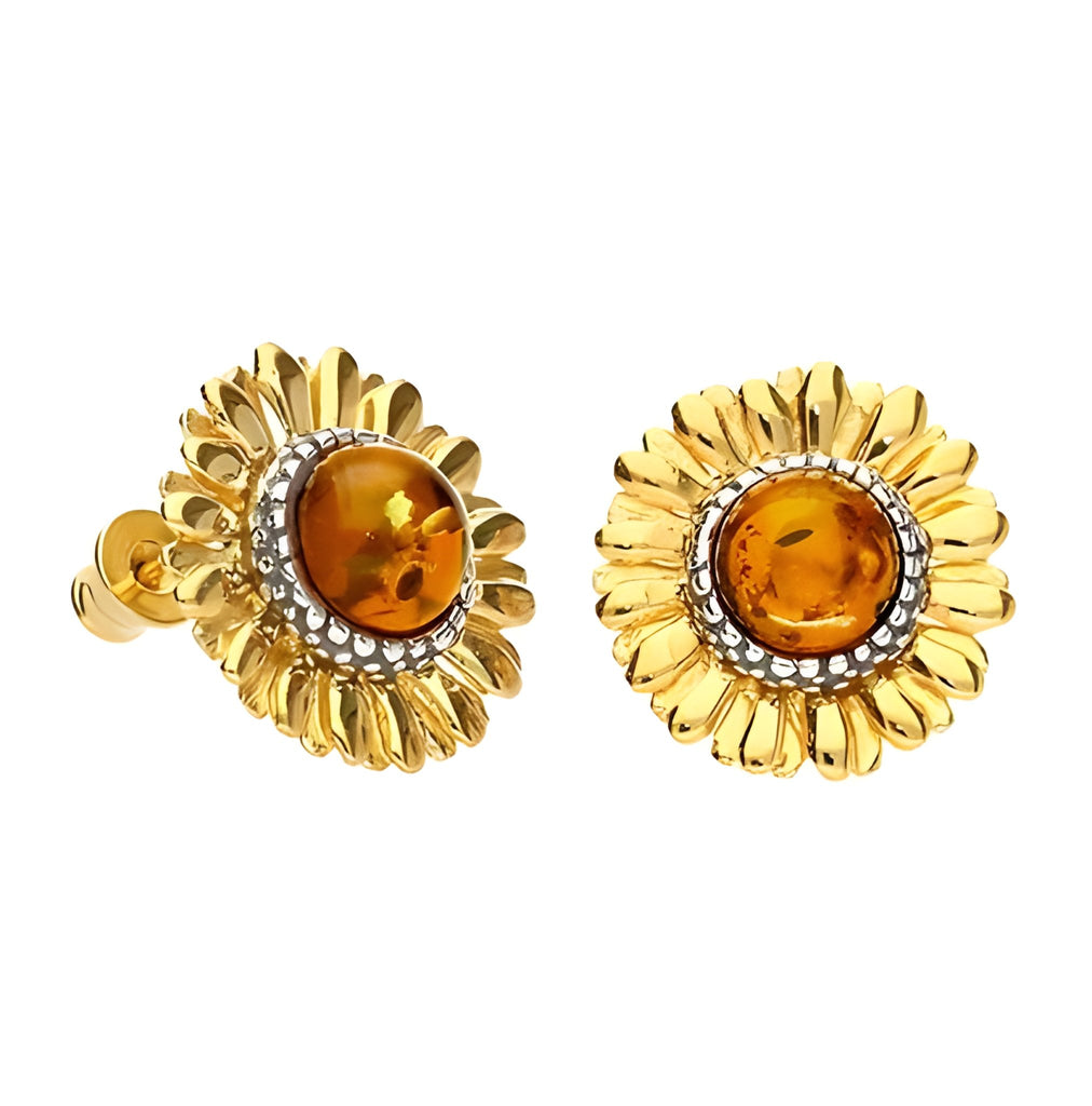 Sterling Silver Gold Plated Sunflower Amber Stud Earrings - NiaYou Jewellery