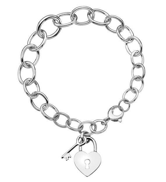 Sterling Silver Graduated Oval Links Bracelet with Heart and Key Charm - NiaYou Jewellery