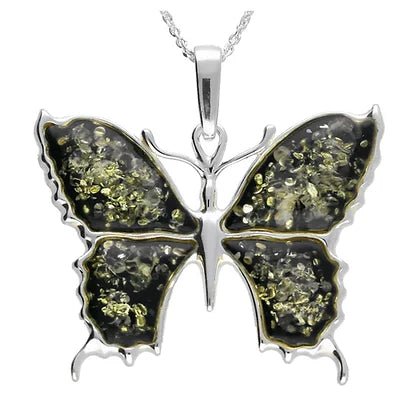 Sterling Silver Green Amber Large Butterfly Pendant on Chain - NiaYou Jewellery