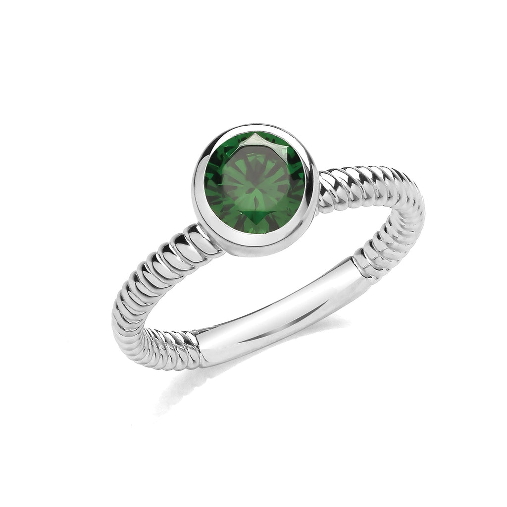 Sterling Silver Green Round Cubic Zirconia Twisted Rope Ring - NiaYou Jewellery