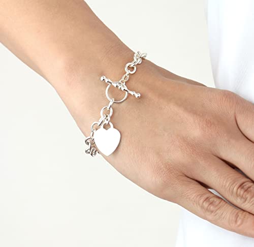 Sterling Silver Heart Charm Belcher Chain T-Bar Bracelet 19cm - NiaYou Jewellery