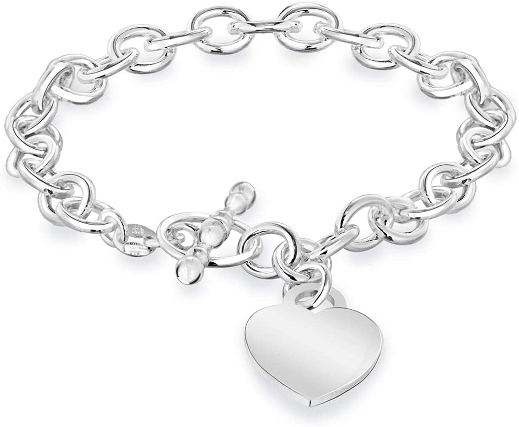 Sterling Silver Heart Charm Belcher Chain T-Bar Bracelet 19cm - NiaYou Jewellery