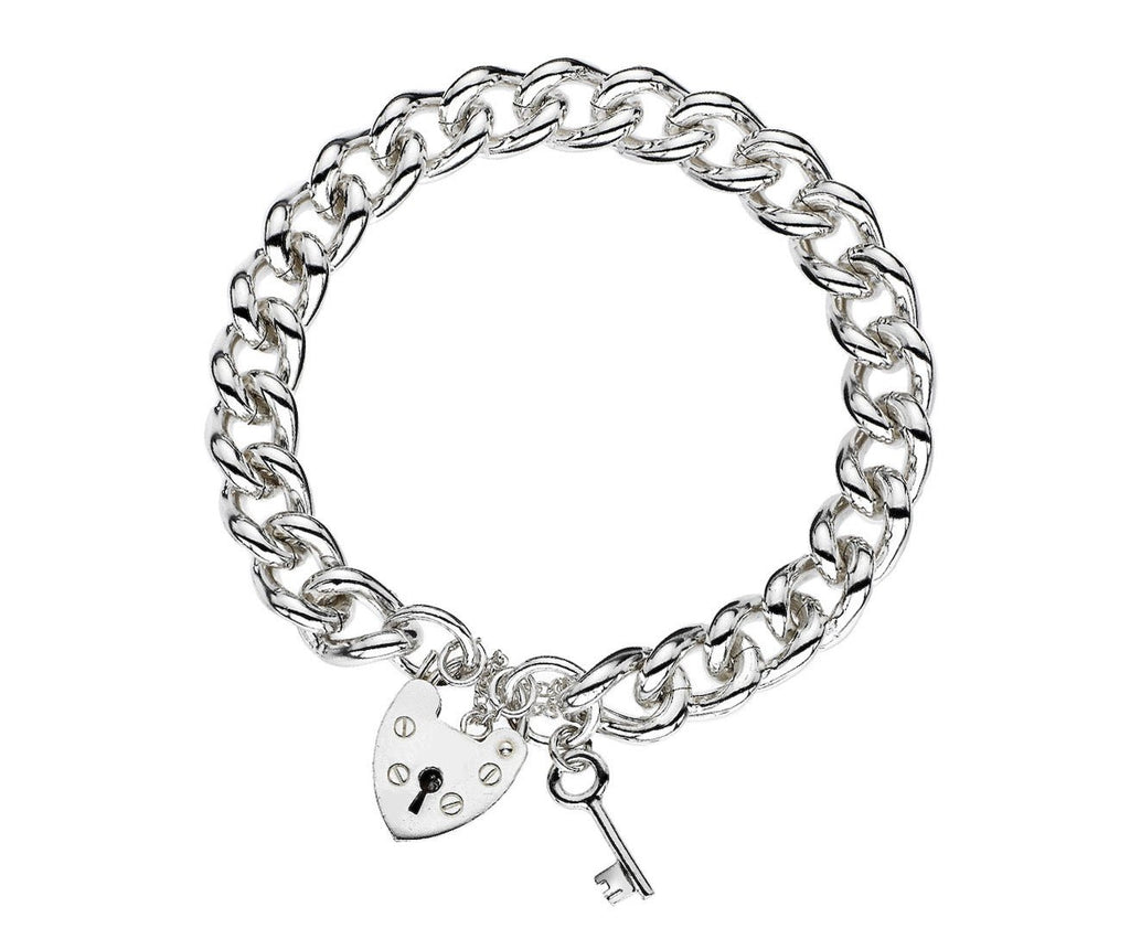 Sterling Silver Heart Charm Padlock with Key Heavy Bracelet - NiaYou Jewellery
