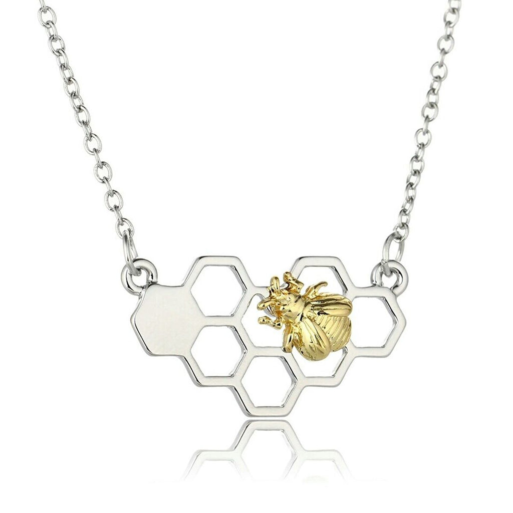 Sterling Silver Honeycomb and Yellow Gold Vermeil Bee Necklace - NiaYou Jewellery