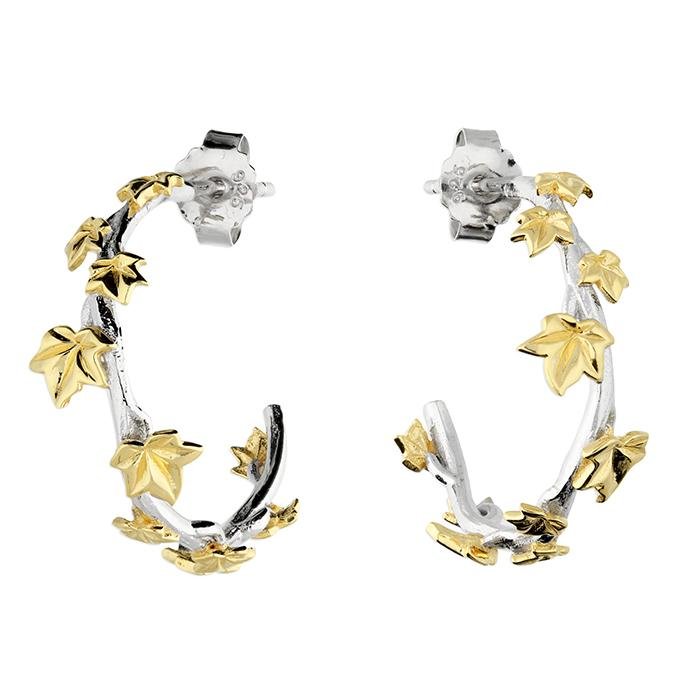 Sterling Silver Hoop Earrings with Gold Plated Ivy Leaf - NiaYou Jewellery