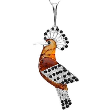 Sterling Silver Hoopoe Bird Amber and Black Onyx Pendant on Chain - NiaYou Jewellery
