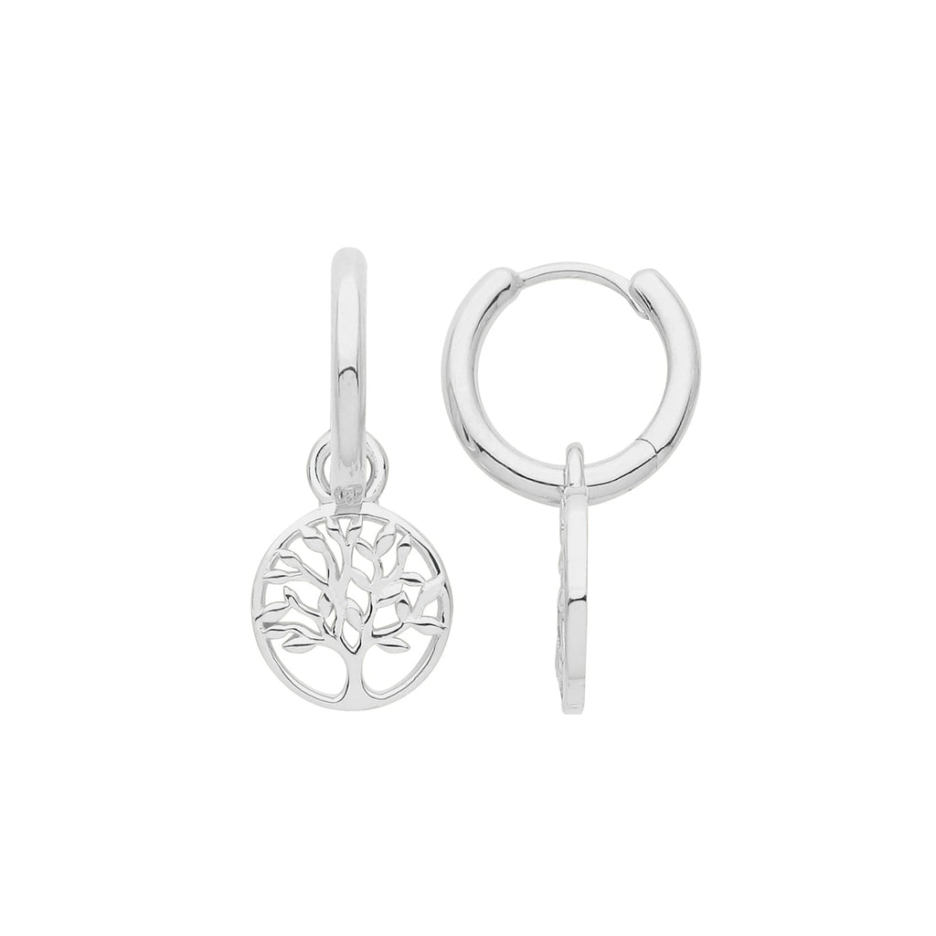 Sterling Silver Huggie Hoop Earrings with Tree Of Life Drop - NiaYou Jewellery