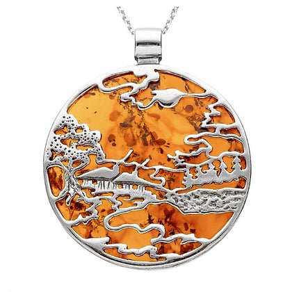 Sterling Silver Japanese Landscape Round Amber Pendant on Chain - NiaYou Jewellery
