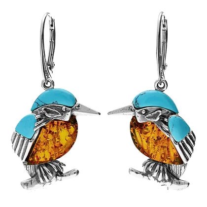 Sterling Silver Kingfisher Bird Amber and Turquoise Medium Drop Earrings - NiaYou Jewellery