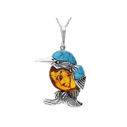 Sterling Silver Kingfisher Bird Amber Turquoise Medium Pendant on Chain - NiaYou Jewellery
