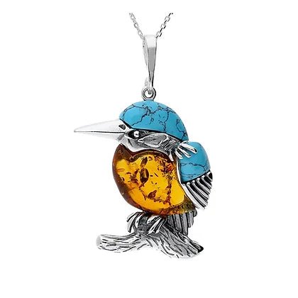 Sterling Silver Kingfisher Bird Amber Turquoise Pendant on Chain - NiaYou Jewellery