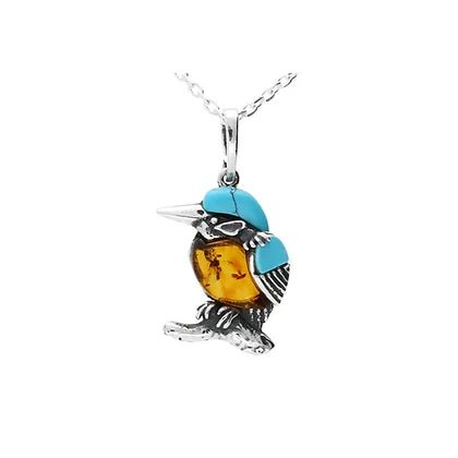 Sterling Silver Kingfisher Bird Amber Turquoise Small Pendant on Chain - NiaYou Jewellery