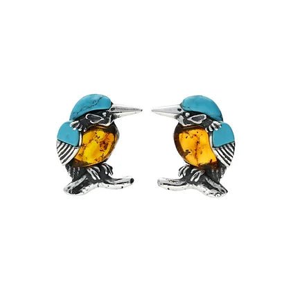 Sterling Silver Kingfisher Bird Amber Turquoise Small Stud Earrings - NiaYou Jewellery
