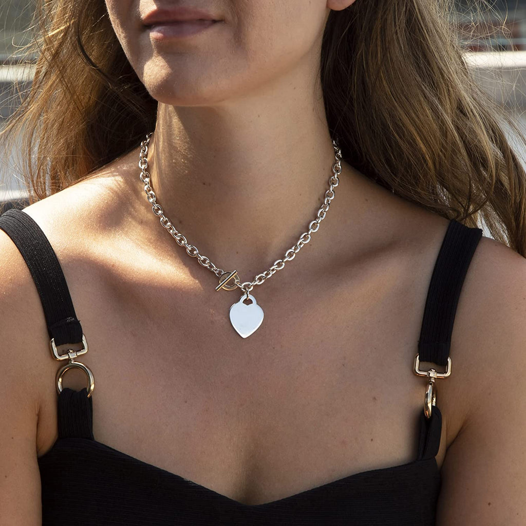 Sterling Silver Large Heart T-Bar Belcher Chain Necklace 41cm - NiaYou Jewellery