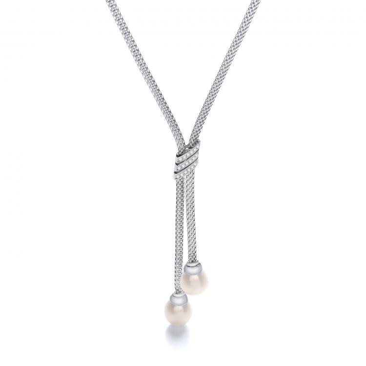 Sterling Silver Lariat Necklace with Cubic Zirconia and Pearls - NiaYou Jewellery