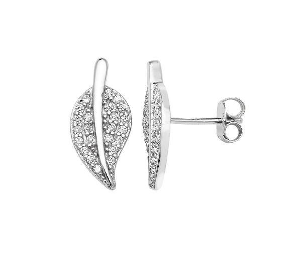 Sterling Silver Leaf Stud Earrings with Cubic Zirconia - NiaYou Jewellery