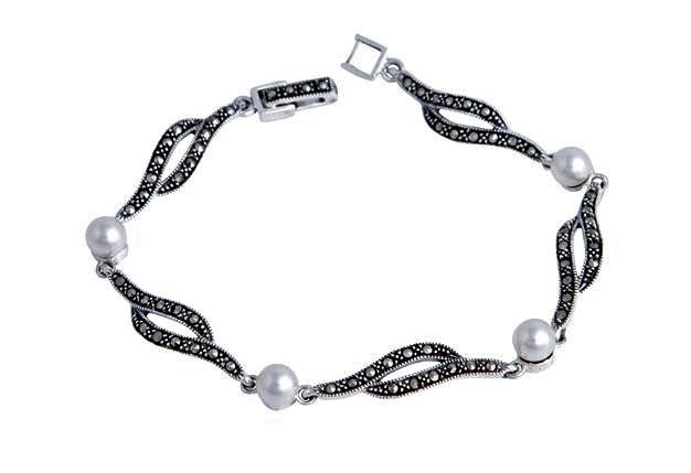Sterling Silver Marcasite and Freshwater Pearls Bracelet - NiaYou Jewellery