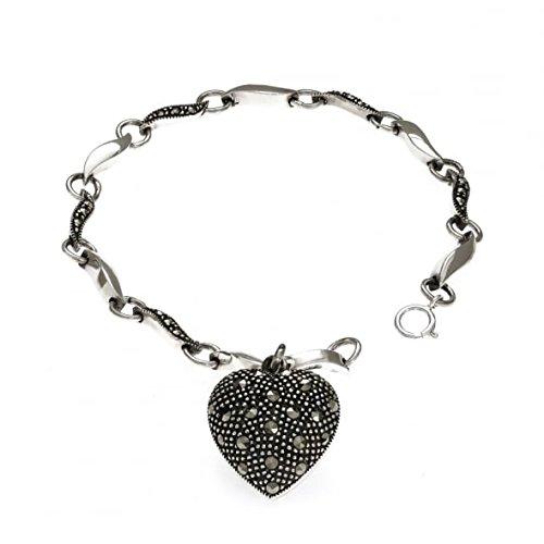 Sterling Silver Marcasite Bracelet with Puff Heart Charm - NiaYou Jewellery