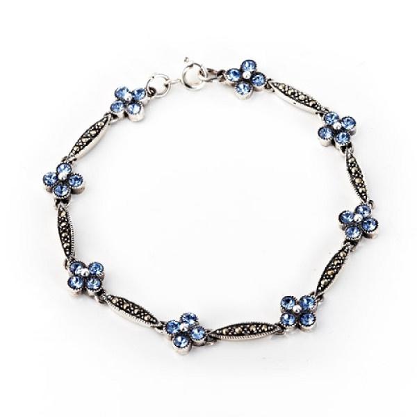 Sterling Silver Marcasite Flower Bracelet with Blue Topaz CZ - NiaYou Jewellery