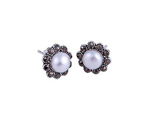 Sterling Silver Marcasite Freshwater Pearl Flower Stud Earrings - NiaYou Jewellery