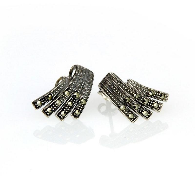 Sterling Silver Marcasite Wave Stud Earrings - NiaYou Jewellery