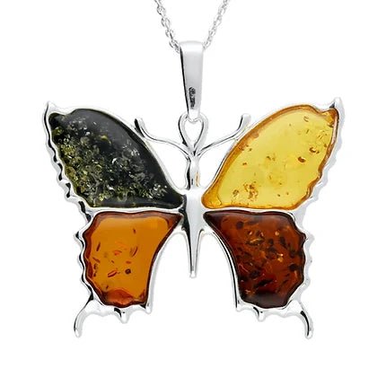 Sterling Silver Mix Amber Large Butterfly Pendant on Chain - NiaYou Jewellery