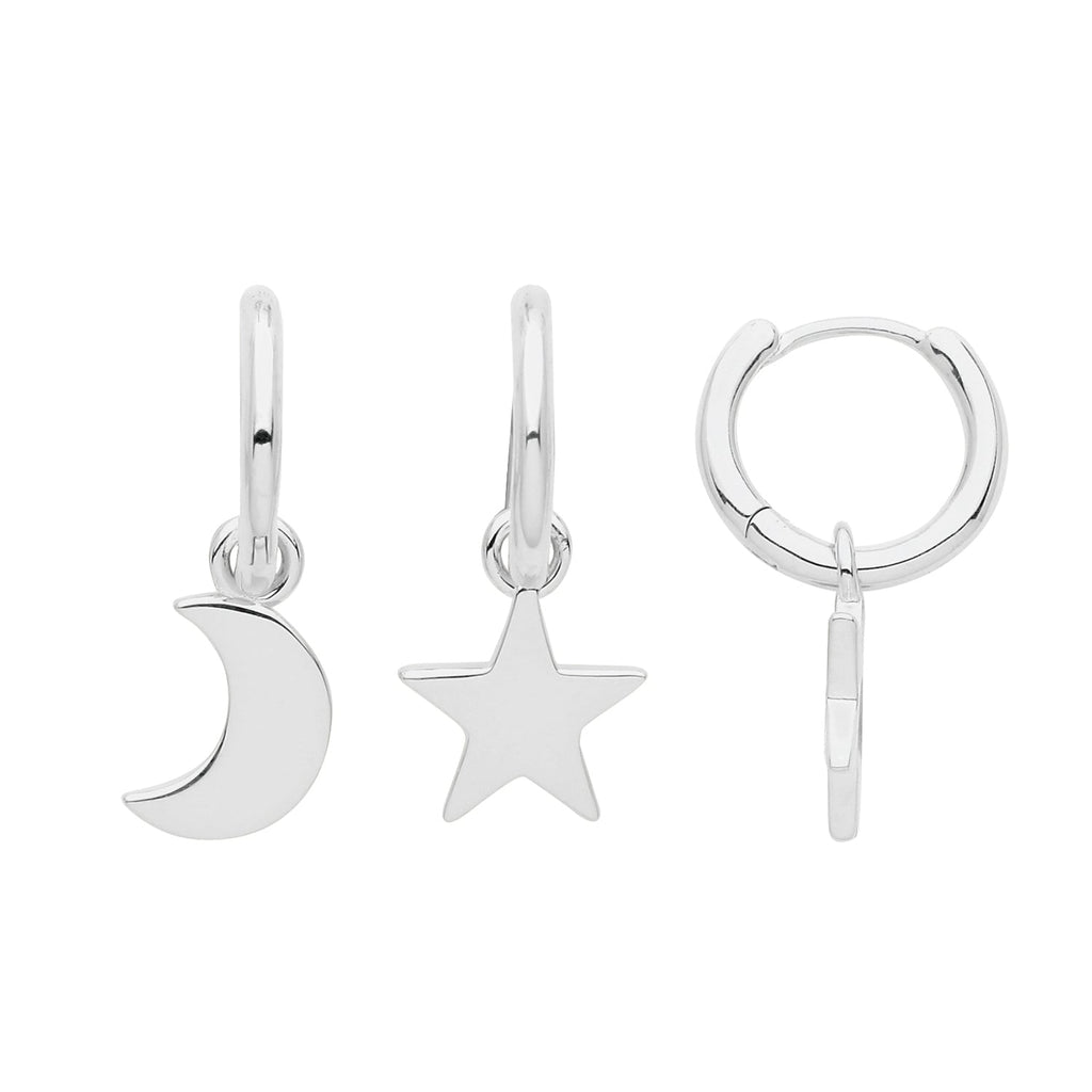 Sterling Silver Moon and Star Drop Huggie Hoop Earrings - NiaYou Jewellery