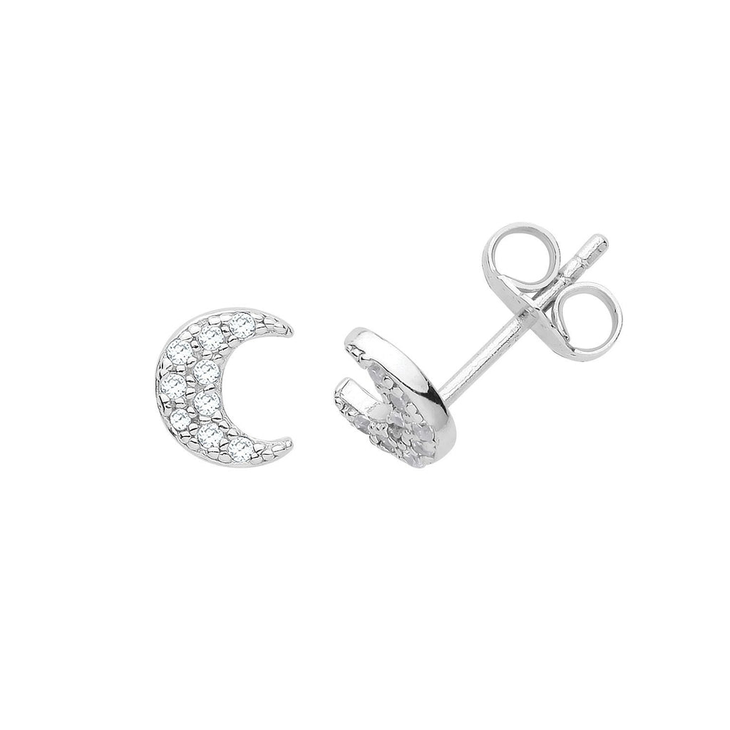 Sterling Silver Moon Stud Earrings with Clear Cubic Zirconia - NiaYou Jewellery