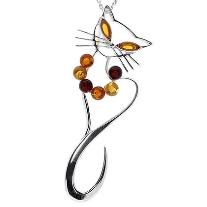 Sterling Silver Multicoloured Amber Cat Pendant on Chain - NiaYou Jewellery