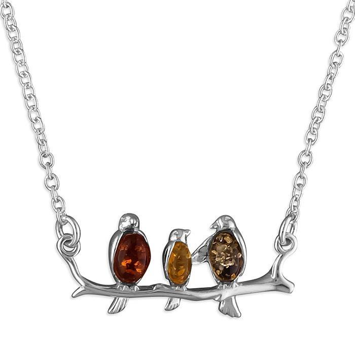 Sterling Silver Necklace with Three Mix Amber Birds on Branch - NiaYou Jewellery