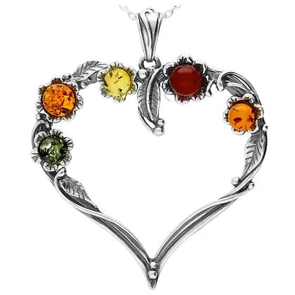 Sterling Silver Open Heart with Mix Amber Large Pendant on Chain - NiaYou Jewellery