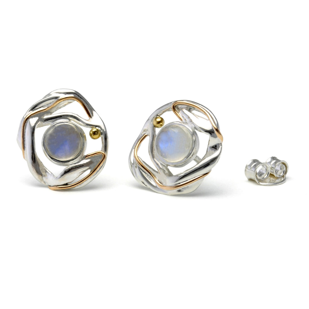 Sterling Silver Organic Moonstone Stud Earrings with Gold Details - NiaYou Jewellery