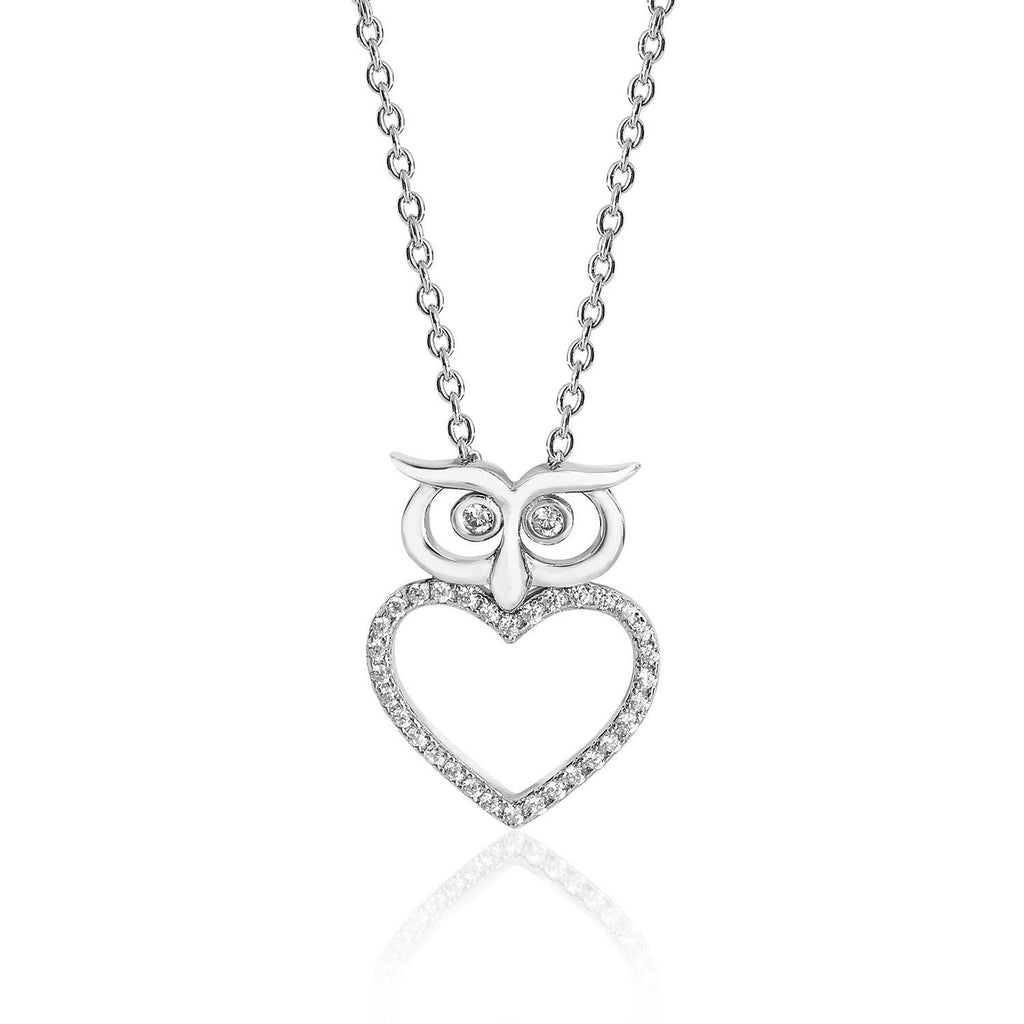 Sterling Silver Owl Pendant with Heart and Cubic Zirconia Necklace - NiaYou Jewellery