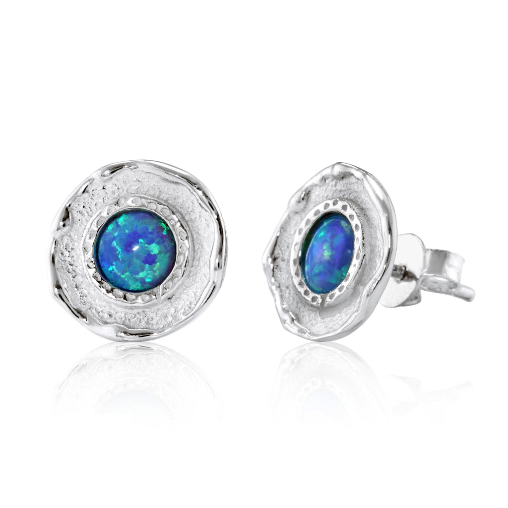 Sterling Silver Pale Blue Opalite Textured Round Stud Earrings - NiaYou Jewellery
