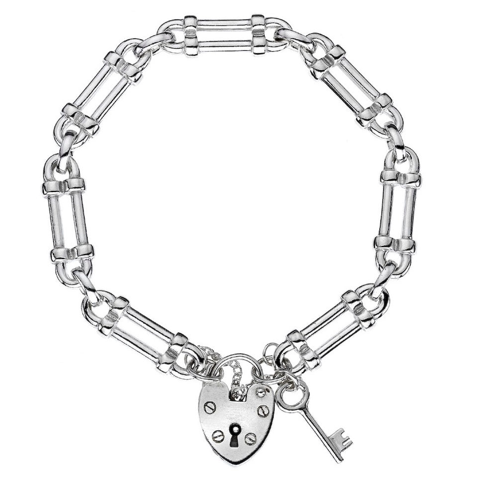 Sterling Silver Pillar Link Bracelet with Heart Charm Padlock and Key - NiaYou Jewellery