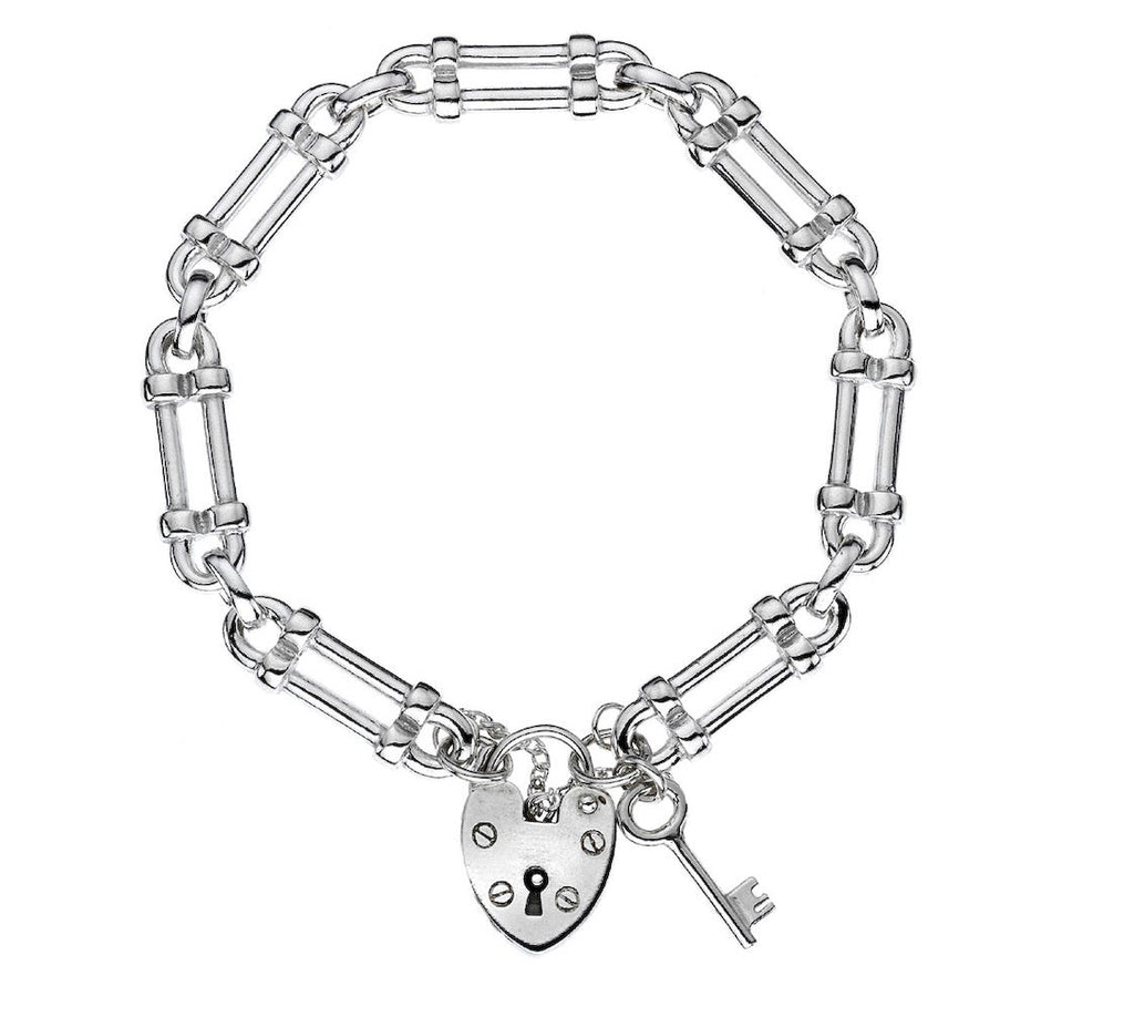 Sterling Silver Pillar Link Bracelet with Heart Charm Padlock and Key - NiaYou Jewellery