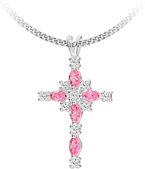 Sterling Silver Pink Cubic Zirconia Cross Pendant Necklace - NiaYou Jewellery