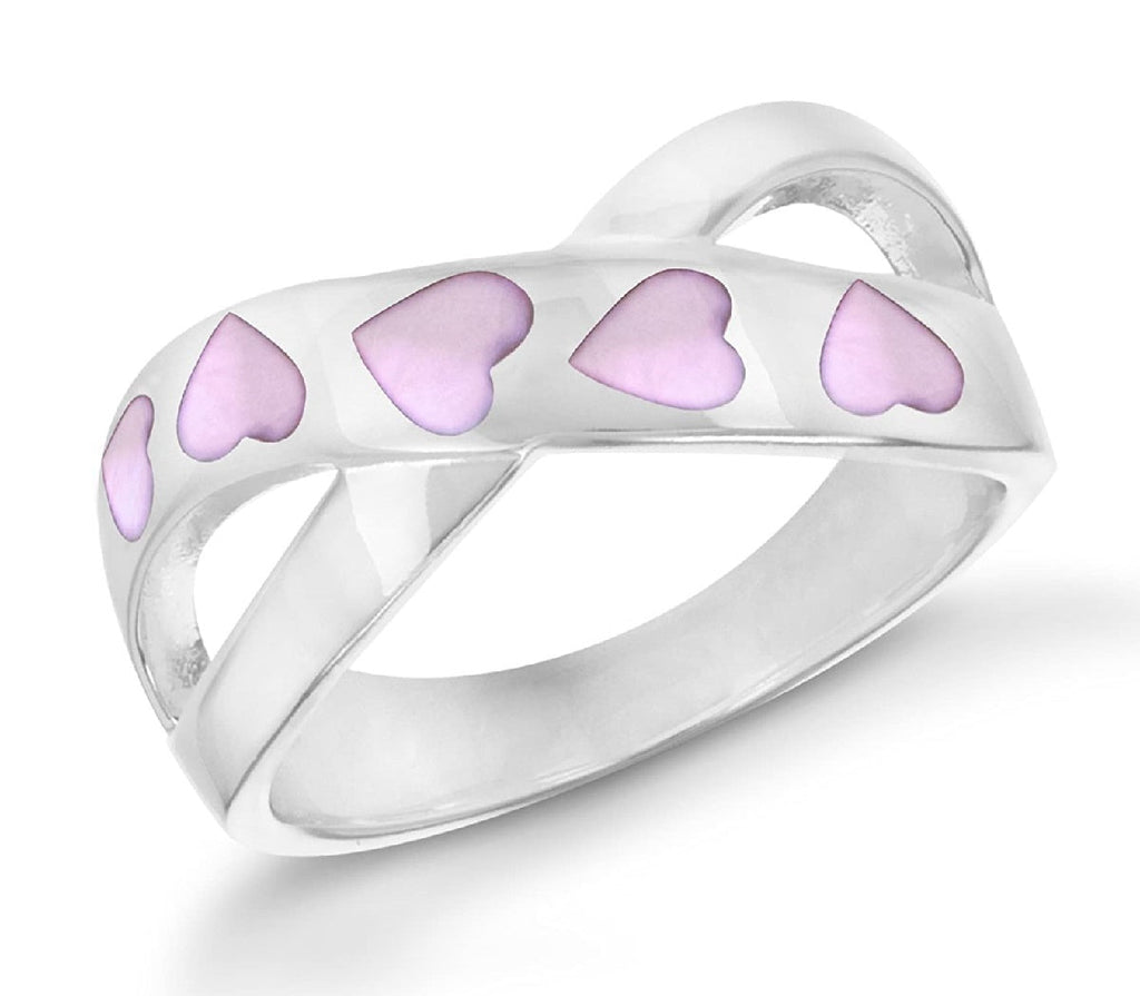 Sterling Silver Pink Mother of Pearl Hearts and Kiss Ring - NiaYou Jewellery