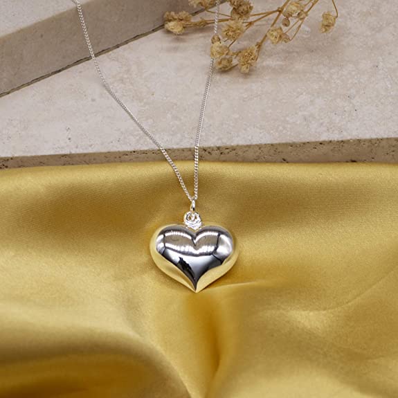 Sterling Silver Puff Heart Pendant on Curb Chain - NiaYou Jewellery
