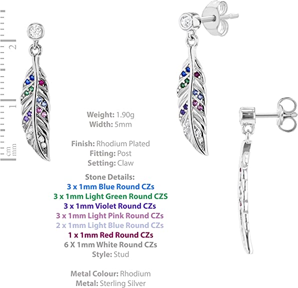 Sterling Silver Rhodium Plated CZ Feather Drop Earrings - NiaYou Jewellery