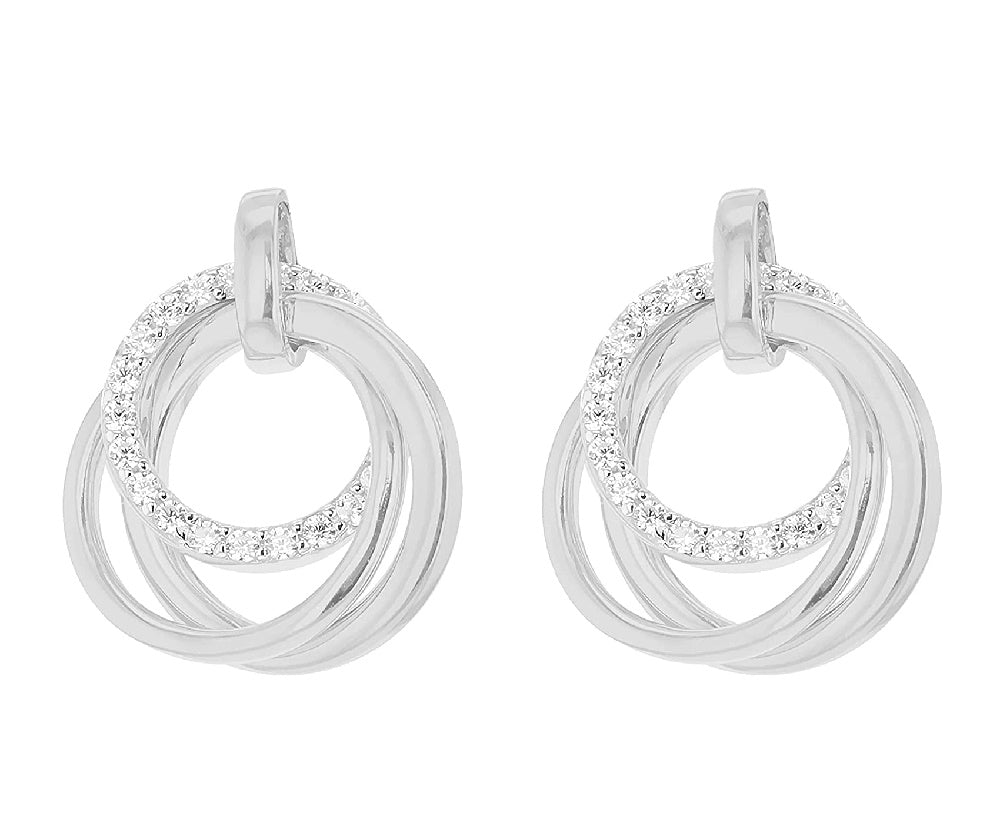 Sterling Silver Rhodium Plated CZ Three Linked-Rings Earrings - NiaYou Jewellery