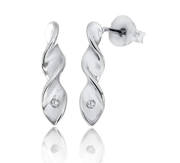 Sterling Silver Rhodium Plated Twist Drop Earrings with Diamonds - NiaYou Jewellery