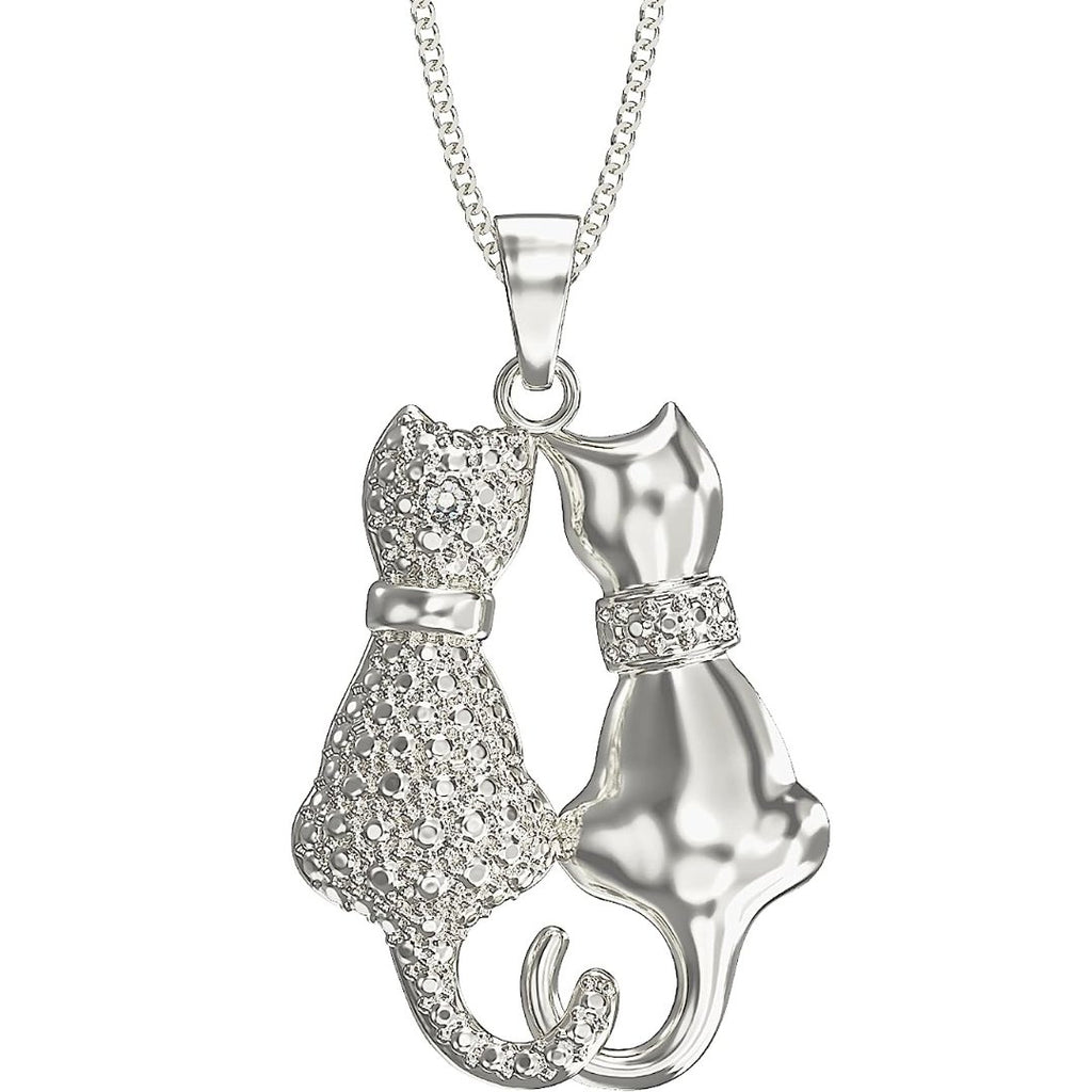 Sterling Silver Rhodium Plated Two Cats Pendant Necklace - NiaYou Jewellery