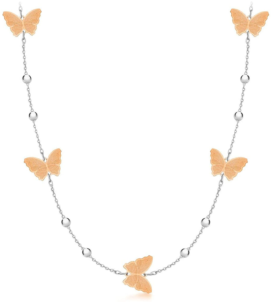 Sterling Silver Rose Gold Butterfly and Ball Chain Necklace of 56cm - NiaYou Jewellery