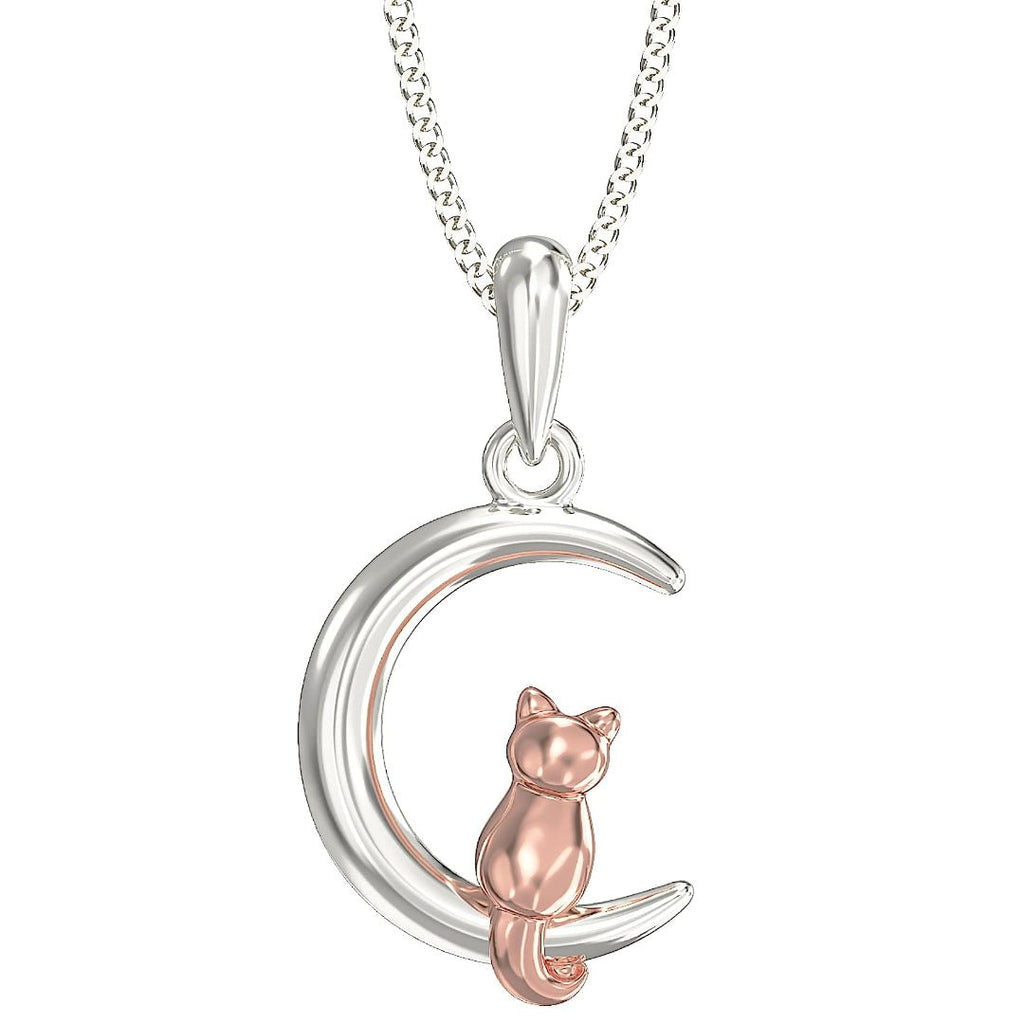 Sterling Silver Rose Gold Cat and Moon Pendant Necklace - NiaYou Jewellery