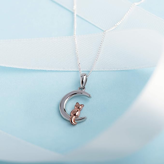 Sterling Silver Rose Gold Cat and Moon Pendant Necklace - NiaYou Jewellery