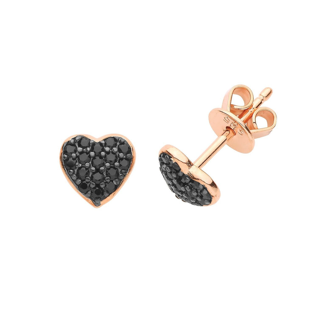 Sterling Silver Rose Gold Heart Stud Earrings with Black CZ - NiaYou Jewellery